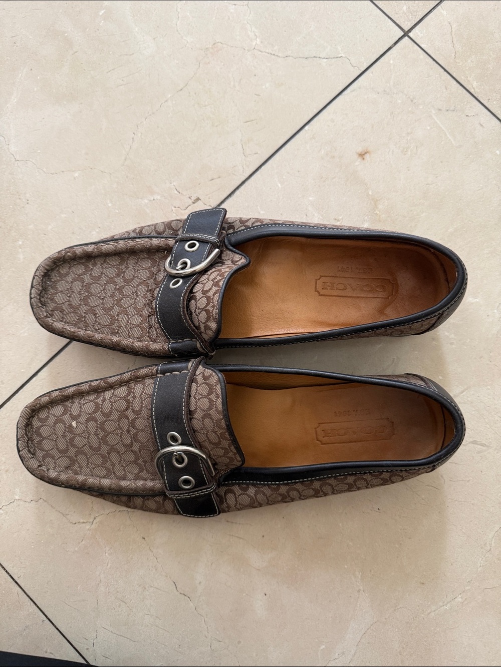 Coach women’s  Brown Logo-Print Leather Trim Slip-Ons
